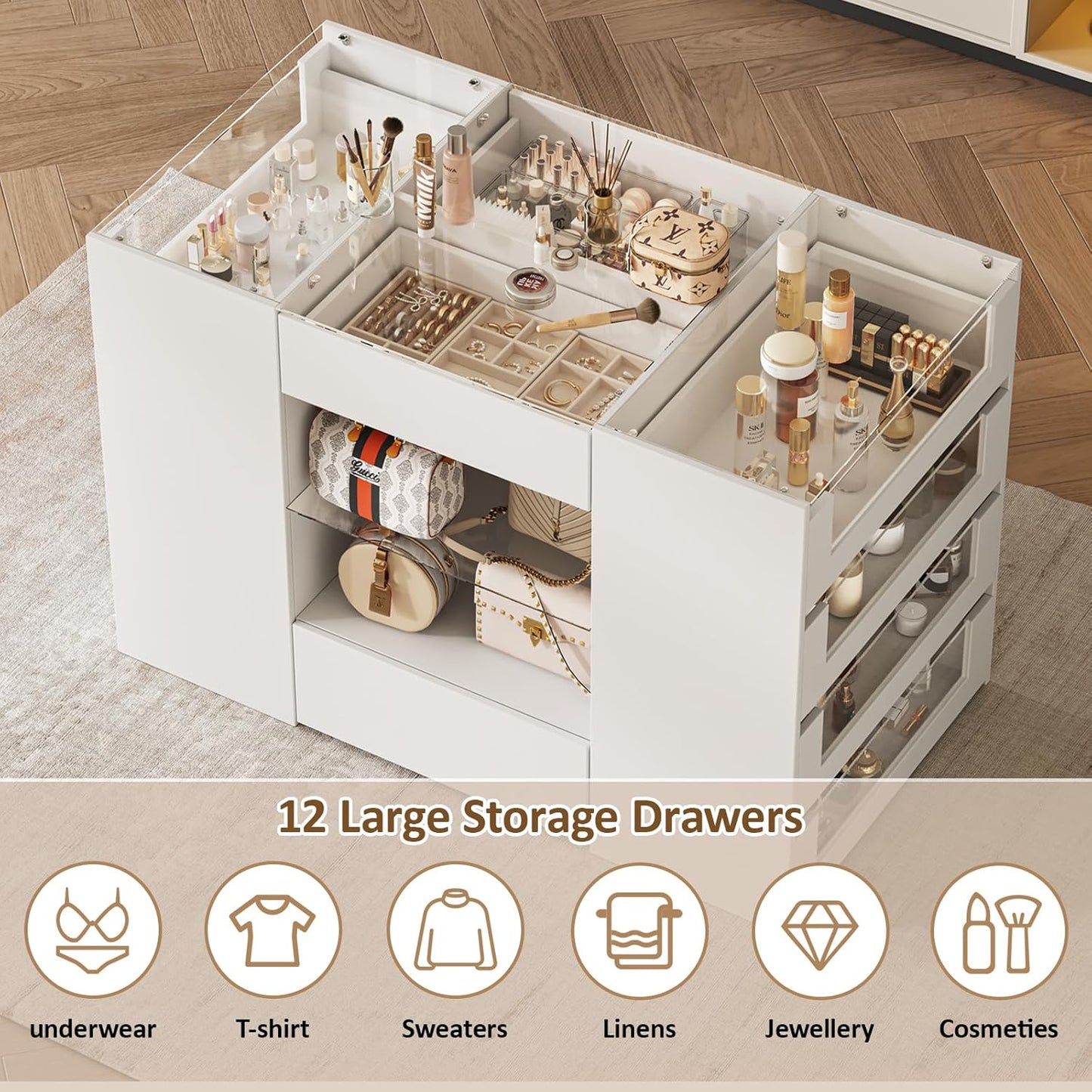 Closet Island with Drawers, Wardrobe Armoire Bedroom Island, Glass Display Shelf & 12 Drawers, White Dresser with Glass Top, Walk-In Closet Island for Bedroom, Cloakroom