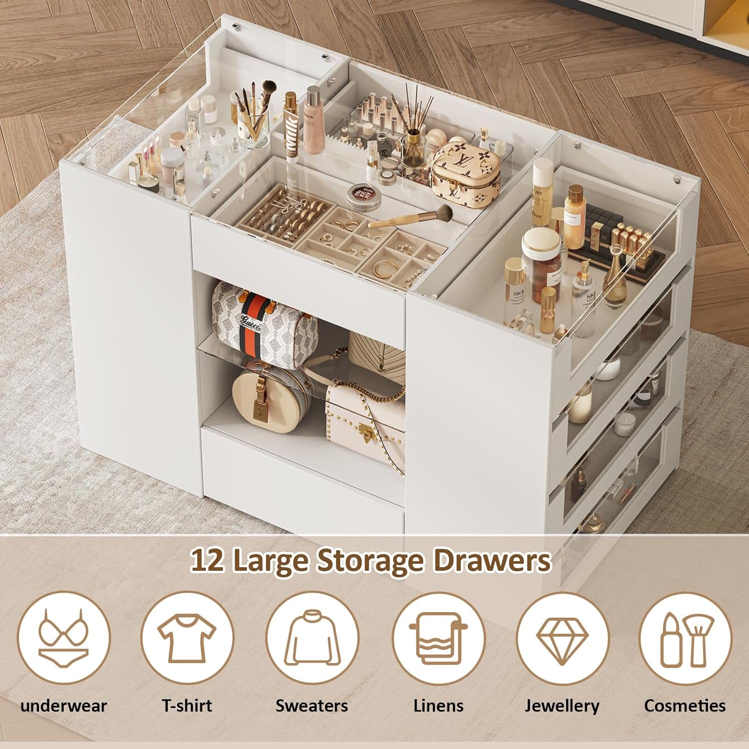 Closet Island with Drawers, Wardrobe Armoire Bedroom Island, Glass Display Shelf & 12 Drawers, White Dresser with Glass Top, Walk-In Closet Island for Bedroom, Cloakroom