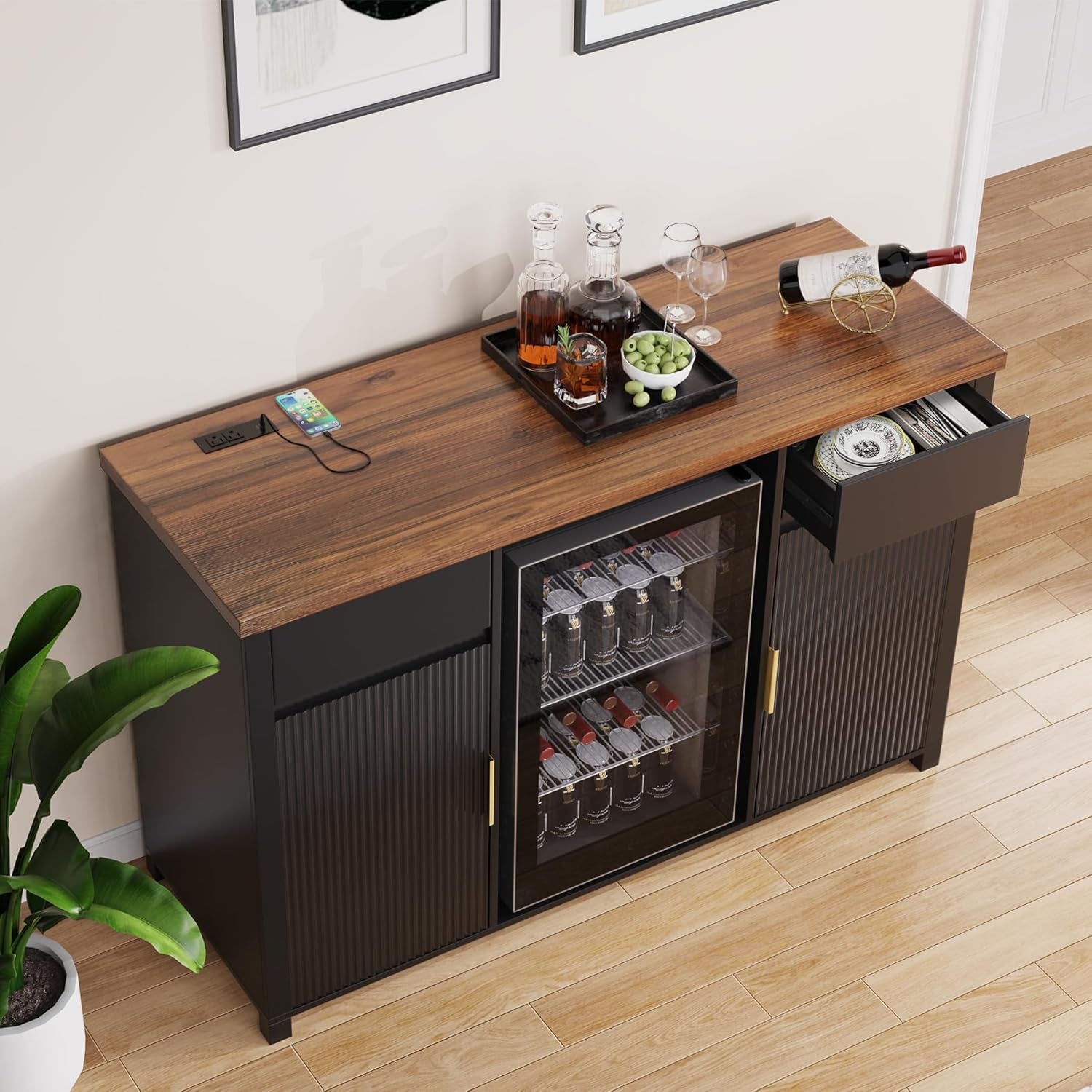 Large Coffee Bar Cabinet with Fridge Space, Mini Fridge Cabinet with Wine Storage, Buffet Sideboard Table for Home, Fluted Modern Design,53.2" L