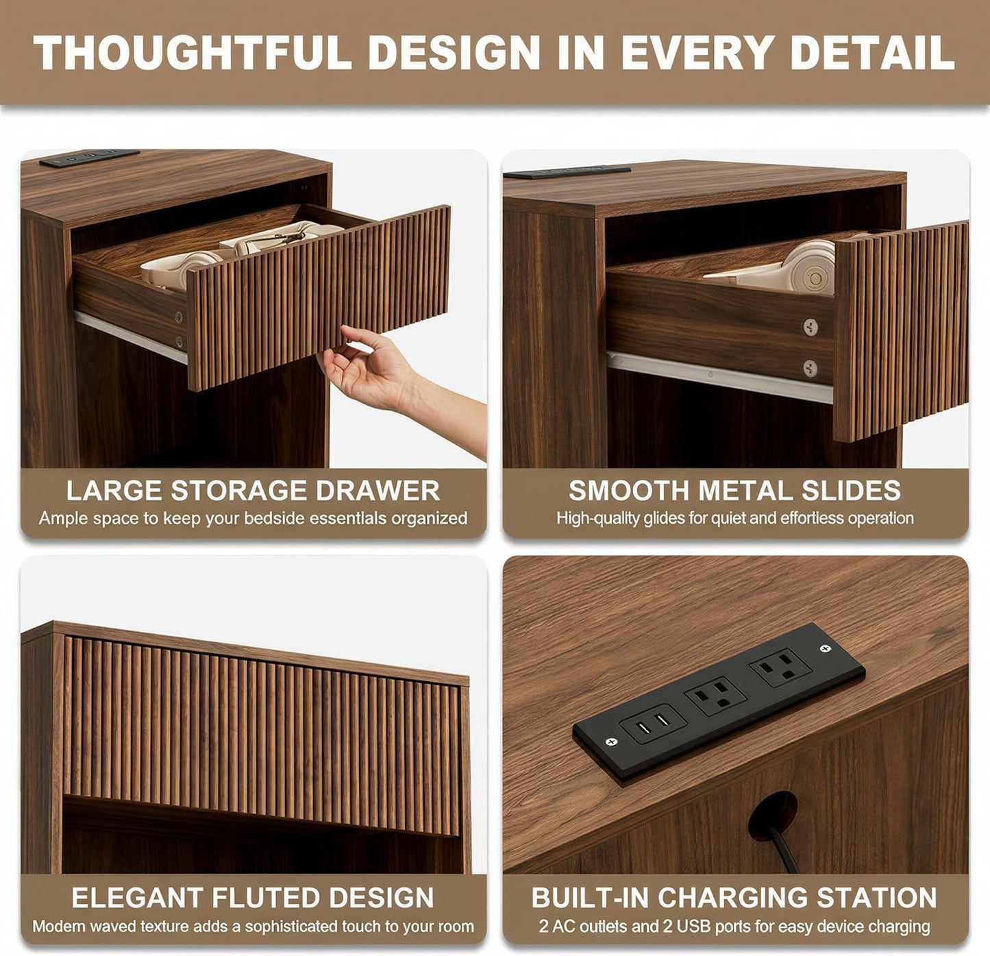 Fluted Nightstands Set of 2, Night Stand with Charging Station, Modern Bed Side Table with Drawer and Storage Shelf, Wood Mid Century End Table for Bedroom Living Room (Walnut)