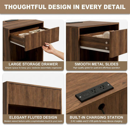 Fluted Nightstands Set of 2, Night Stand with Charging Station, Modern Bed Side Table with Drawer and Storage Shelf, Wood Mid Century End Table for Bedroom Living Room (Walnut)