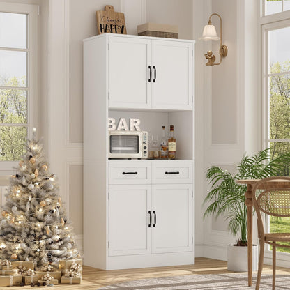 71“ Tall Kitchen Pantry Storage Cabinet, Modern Kitchen Hutch Bar Cabinet with Microwave Stand, Wood Buffet Sideboard with Hutch, Cupboard with Drawers, Shelves for Dining Room, White