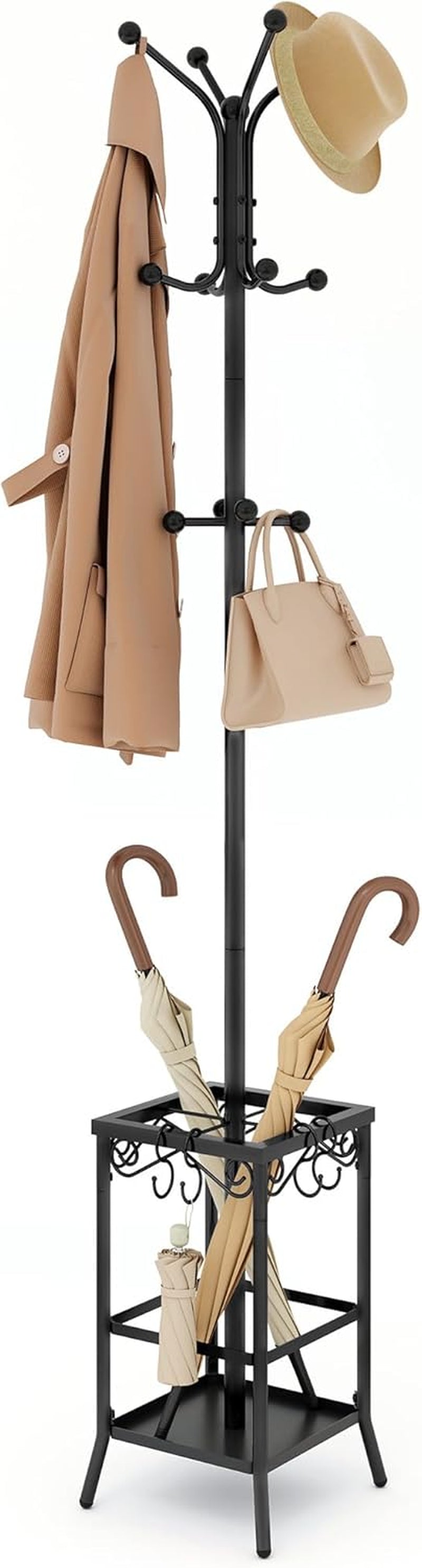 Coat Rack Freestanding, Coat Tree with Umbrella Holder, Metal Coat Rack Stand with 12 Hooks, Standing Coat Hanger Stand, Umbrella Stand for Entryway, Hat Rack Stand for Home Office, Black