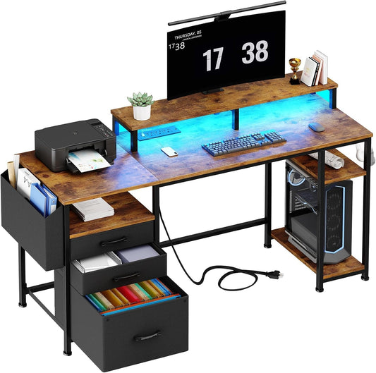 Gaming Desks with Led Lights and Power Outlets, 55 Inch Study Writing Computer Desk with Fabric File Drawers Cabinet for Bedroom, Home Office Desk with Shelves Monitor Stand, Rustic Brown