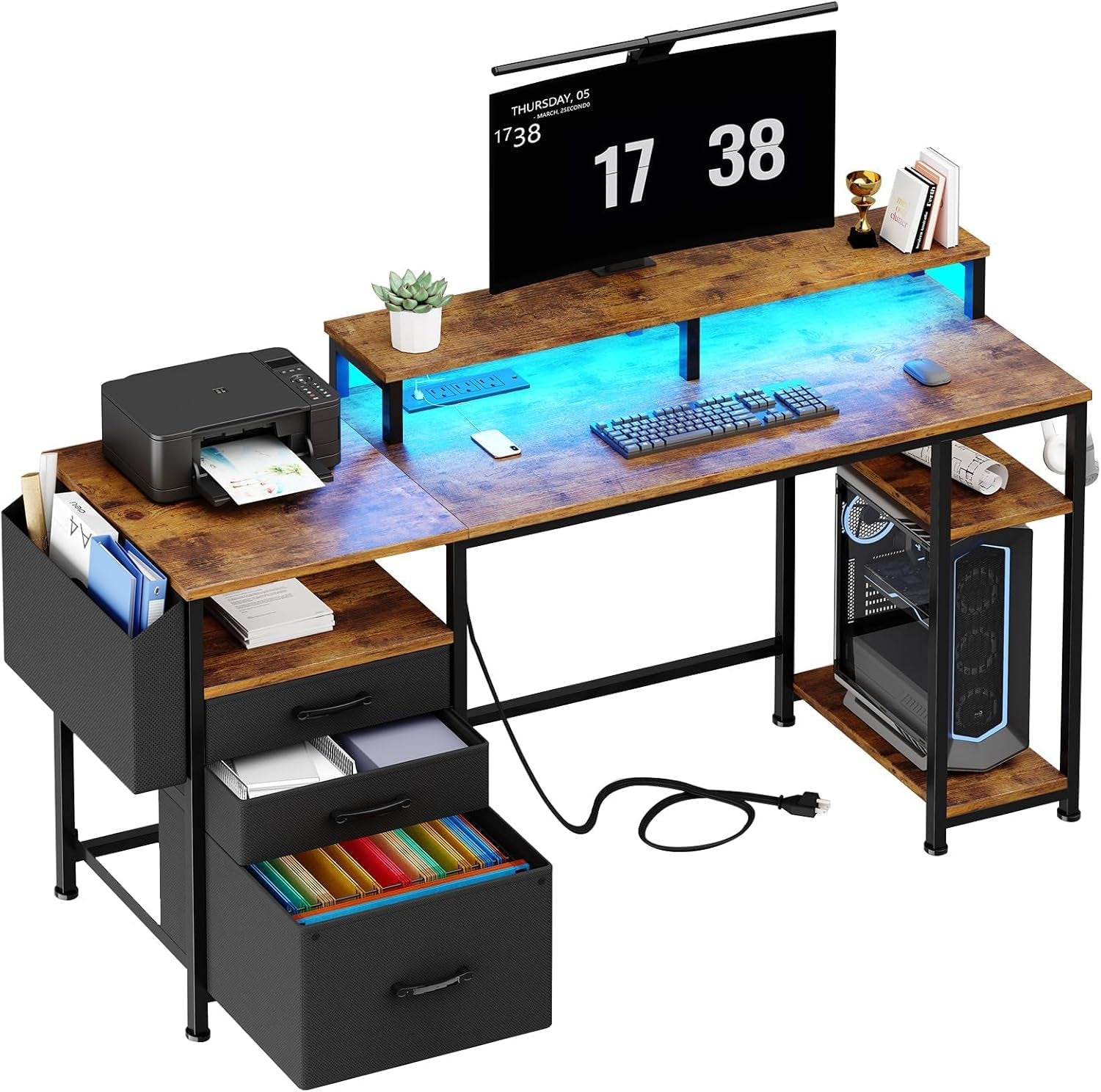 Gaming Desks with Led Lights and Power Outlets, 55 Inch Study Writing Computer Desk with Fabric File Drawers Cabinet for Bedroom, Home Office Desk with Shelves Monitor Stand, Rustic Brown