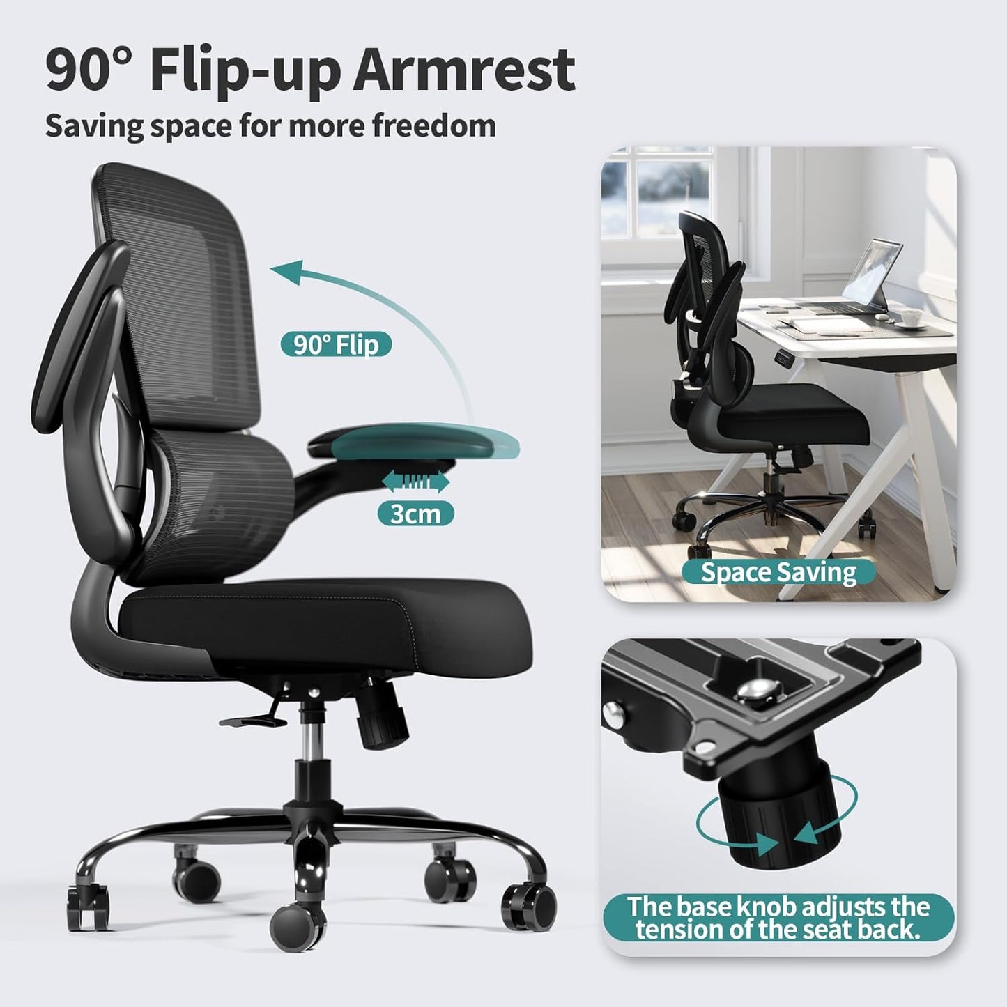 Office Chair - Ergonomic Desk Chair with Adjustable Lumbar Support, Mesh Computer Chair, Executive Chairs for Home Office Comfortable Lumbar Support (Black)