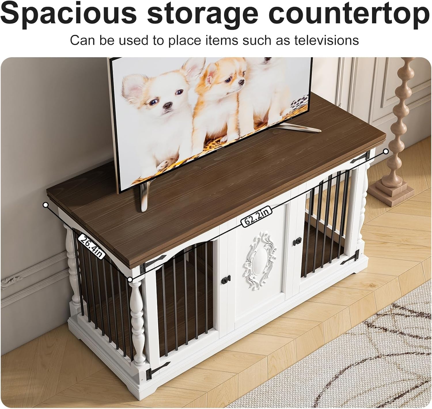 Dog Crate Furniture for 2 Dogs with Hand-Carved Patterns, All-Solid Wood Double Dog Crate & TV Stand, Large Dog Kennel with Divider for Giant Breeds, Heavy Duty Dog Cage, 62In（White）
