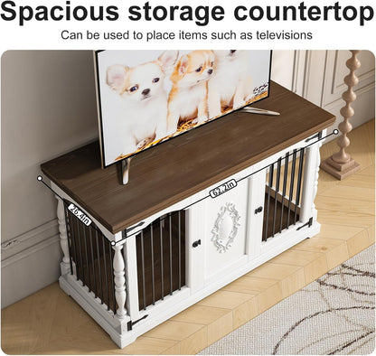Dog Crate Furniture for 2 Dogs with Hand-Carved Patterns, All-Solid Wood Double Dog Crate & TV Stand, Large Dog Kennel with Divider for Giant Breeds, Heavy Duty Dog Cage, 62In（White）