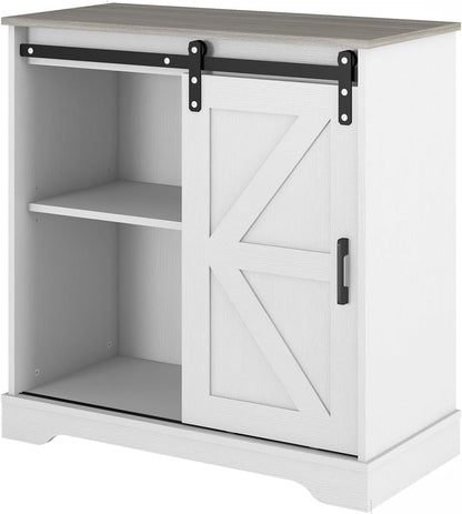 Sliding Barn Door Buffet Sideboard Storage Cabinet Coffee Bar Kitchen Farmhouse Style (White Cabinet Nature Top)
