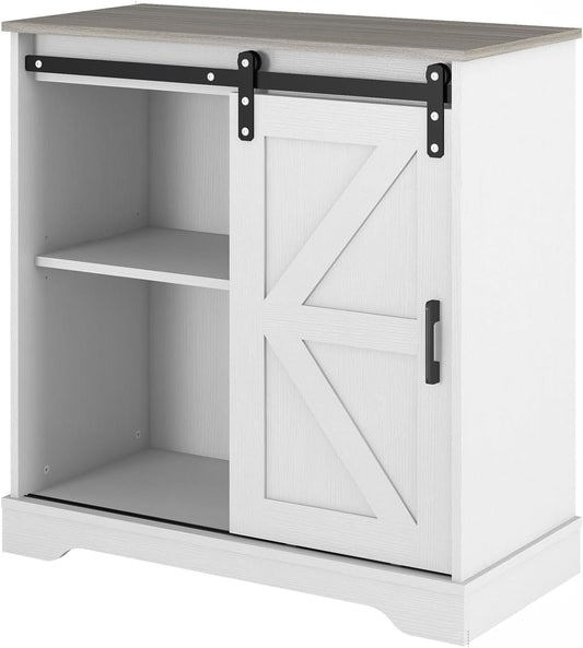 Sliding Barn Door Buffet Sideboard Storage Cabinet Coffee Bar Kitchen Farmhouse Style (White Cabinet Nature Top)