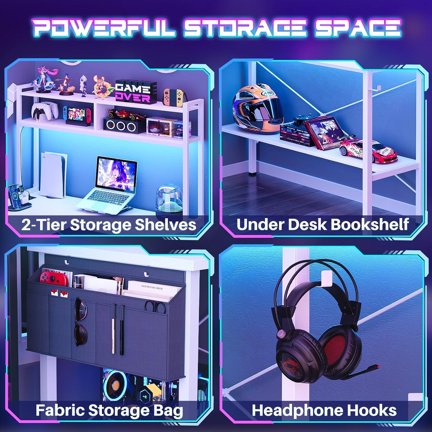 L Shaped Desk Gaming Desk, 59" L Shaped Computer Desk with LED Light & Power Outlet, Reversible Home Office Desk Gamer Desks with Shelves & Storage Bag & Hooks, Corner PC Desk, White