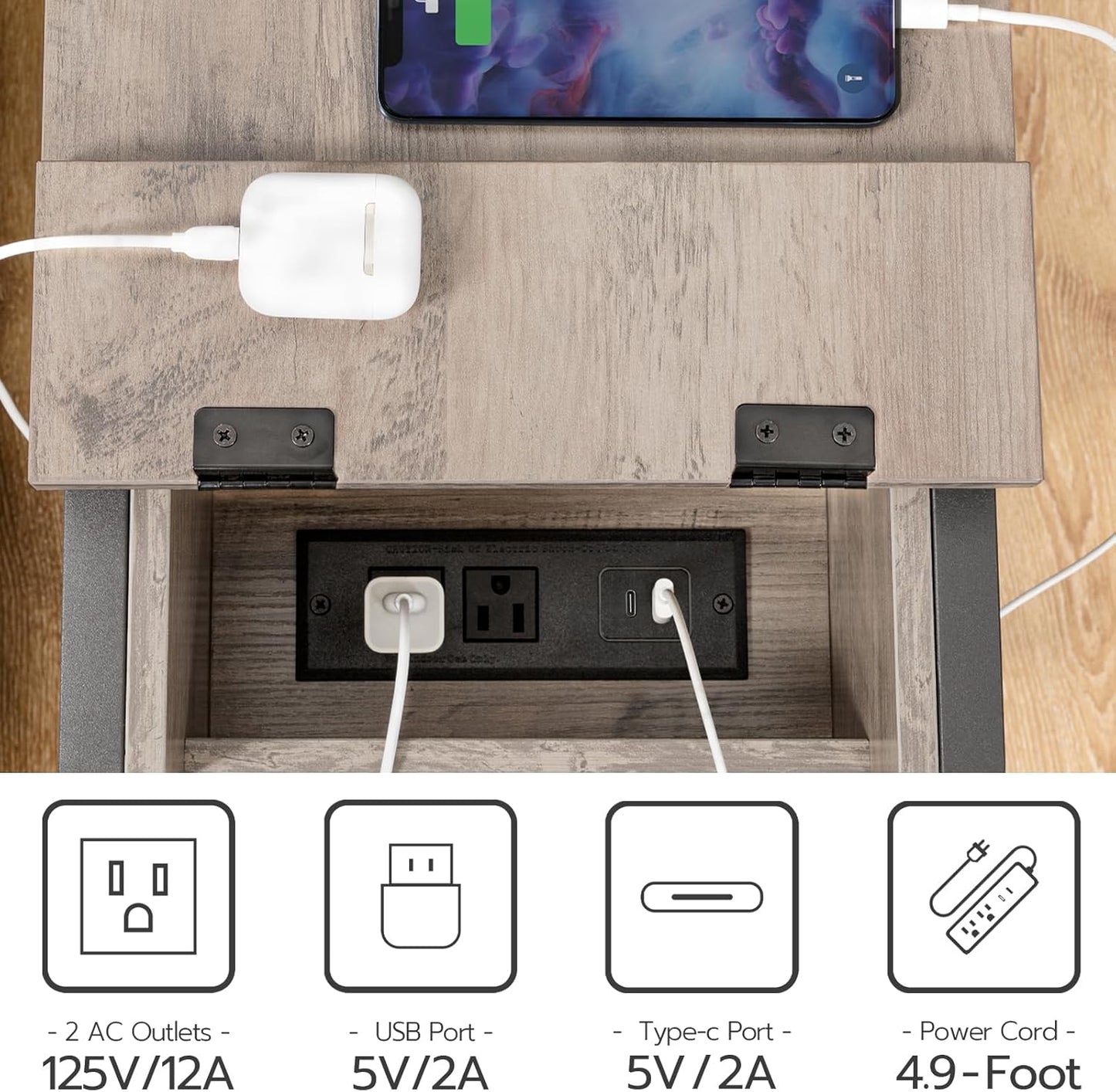 End Table with Charging Station, Narrow Side Table, Small Nightstand, Bedside Tables with Drawer and Storage Shelves, for Small Spaces, Living Room, Bedroom, Greige and Black BG041BZ01G1