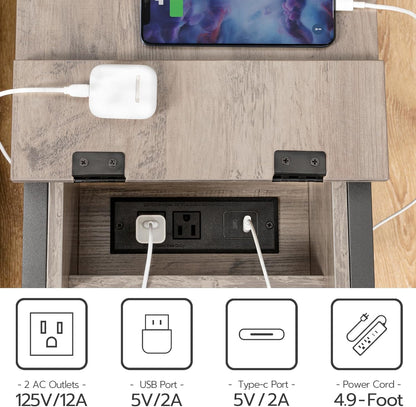 End Table with Charging Station, Narrow Side Table, Small Nightstand, Bedside Tables with Drawer and Storage Shelves, for Small Spaces, Living Room, Bedroom, Greige and Black BG041BZ01G1