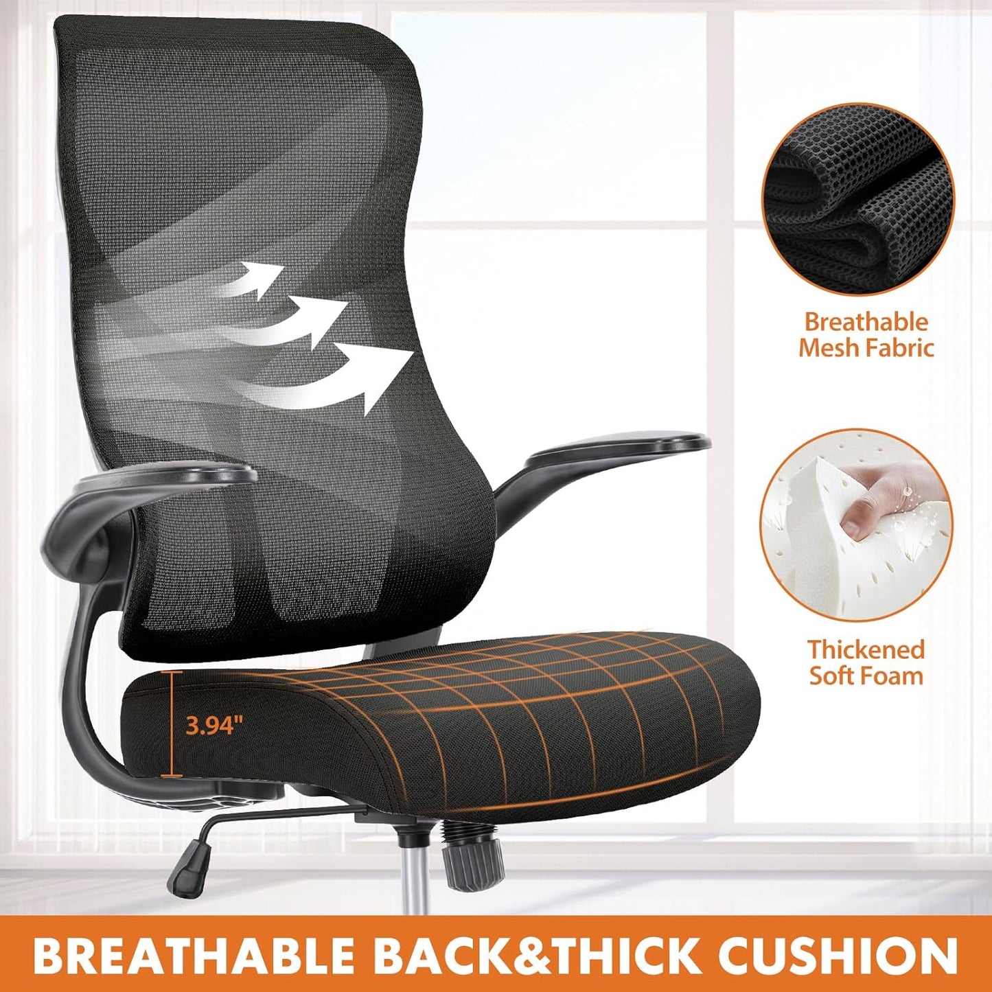 Ergonomic Office Desk Computer Chair, Comfy High Back Swivel Rolling Home Mesh Gaming Chairs with Wheels, Lumbar Support, Flip-Up Arms,For Bedroom, Study, Work, Classic Black