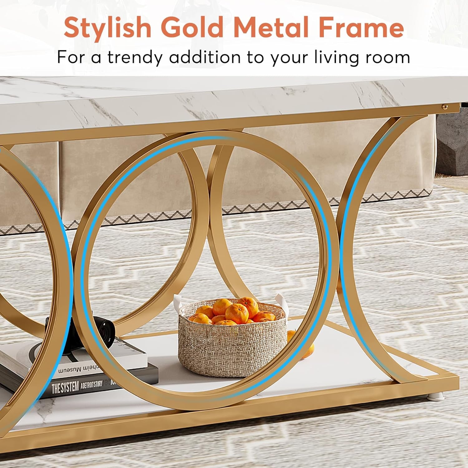 Rectangle Coffee Table, 46.45-Inch Modern Coffee Tables for Living Room, 2-Tier Faux Marble Wood Coffee Table with Geometric Legs, Furniture with Storage Shelf (White & Gold)