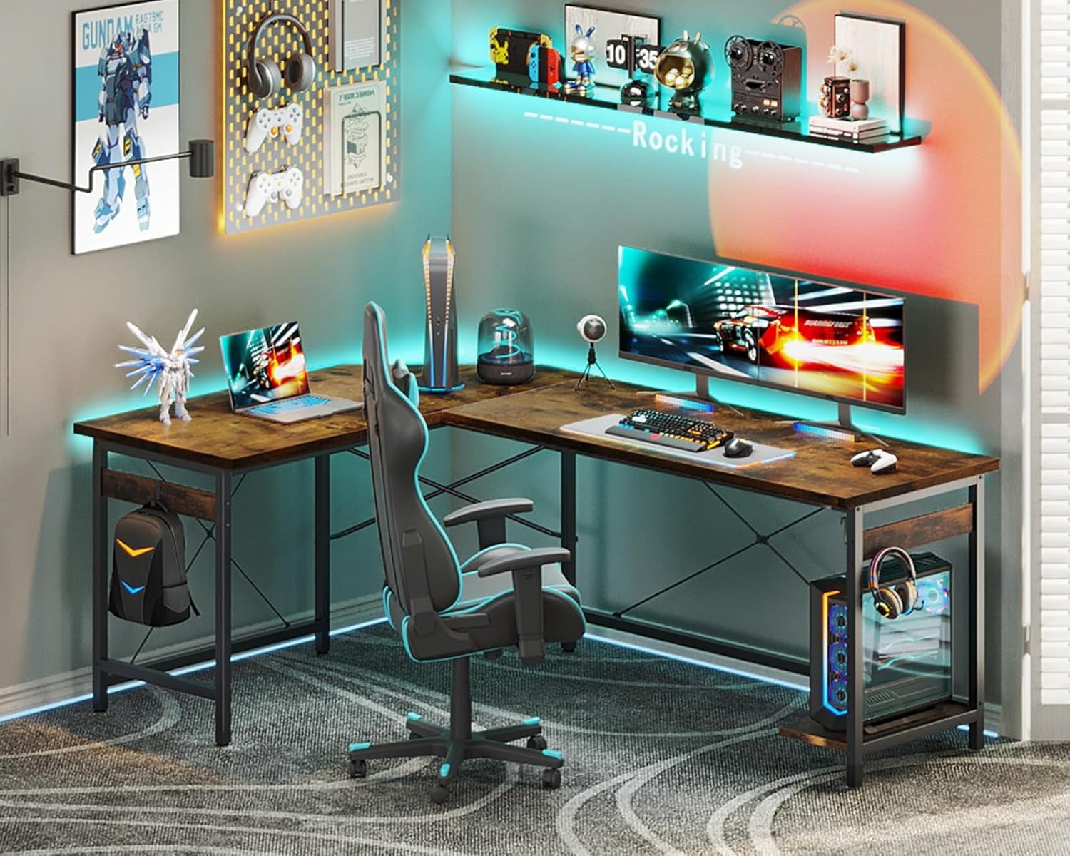66" L Shaped Gaming Desk with Outlet, L Shaped Desk with CPU Stand, Corner Computer Desk, Home Office Desk, Writing Desk, Black
