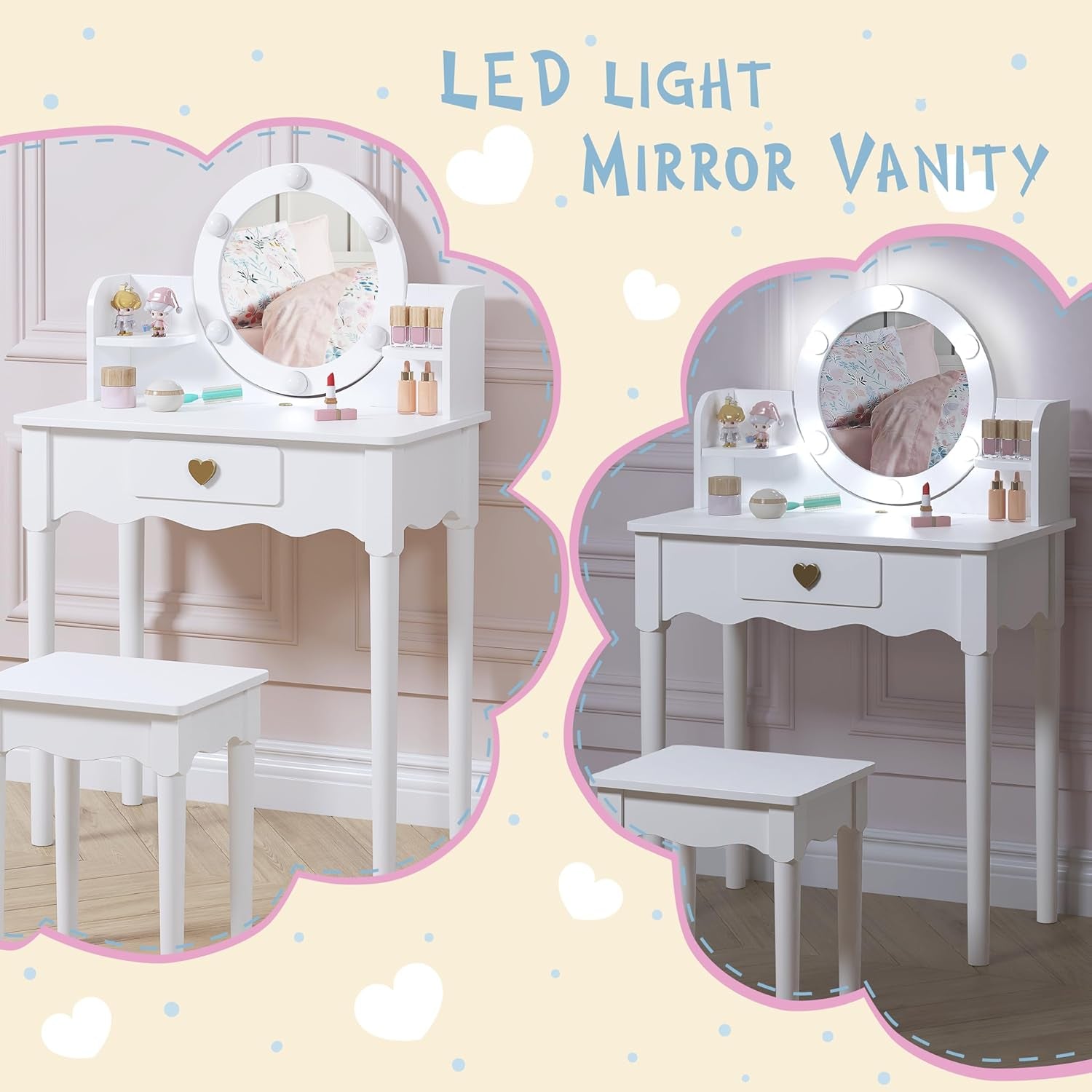 Kids Vanity, Girls Vanity Set with Mirror and Stool and Lights, Pretend Play Kids Vanity Table and Chair Set,Wooden Princess Makeup Desk Dressing Table, White