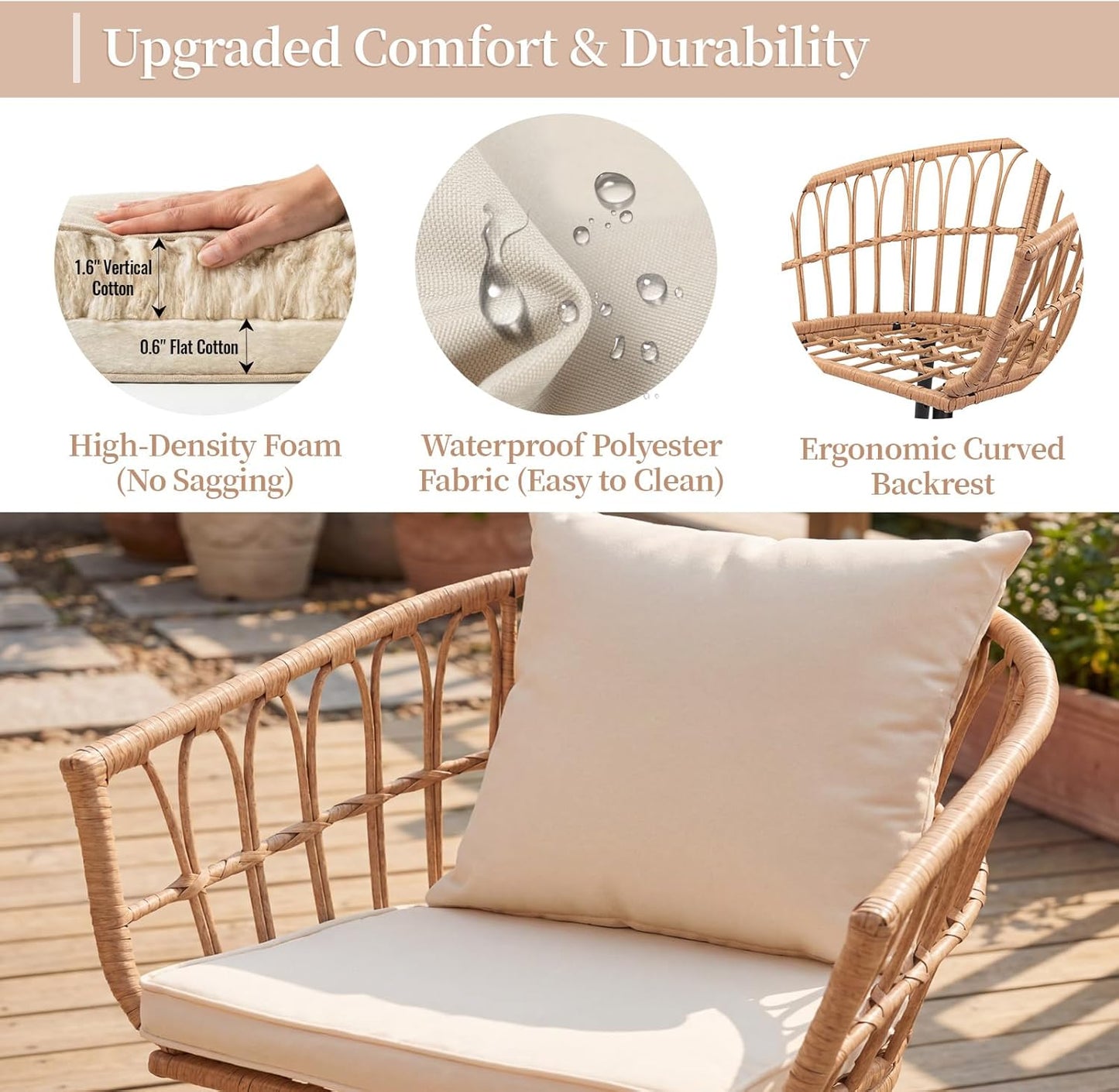 3-Piece Patio Dining Set, Featuring a round PE Rattan Table and 2 Chairs, Suitable for Bedrooms, Porches and Gardens All-Weather Furniture Set Includes Tempered Glass, Thick Cushions