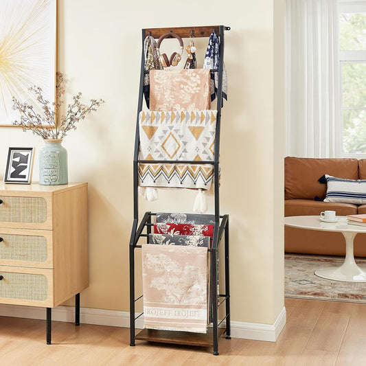 Blanket Ladder, 7 Tier Wooden Ladder Shelf with Hooks, 5.5Ft Blanket Holder Rack Farmhouse Ladder Rack for Storage and Home Decor, Rustic Brown and Black