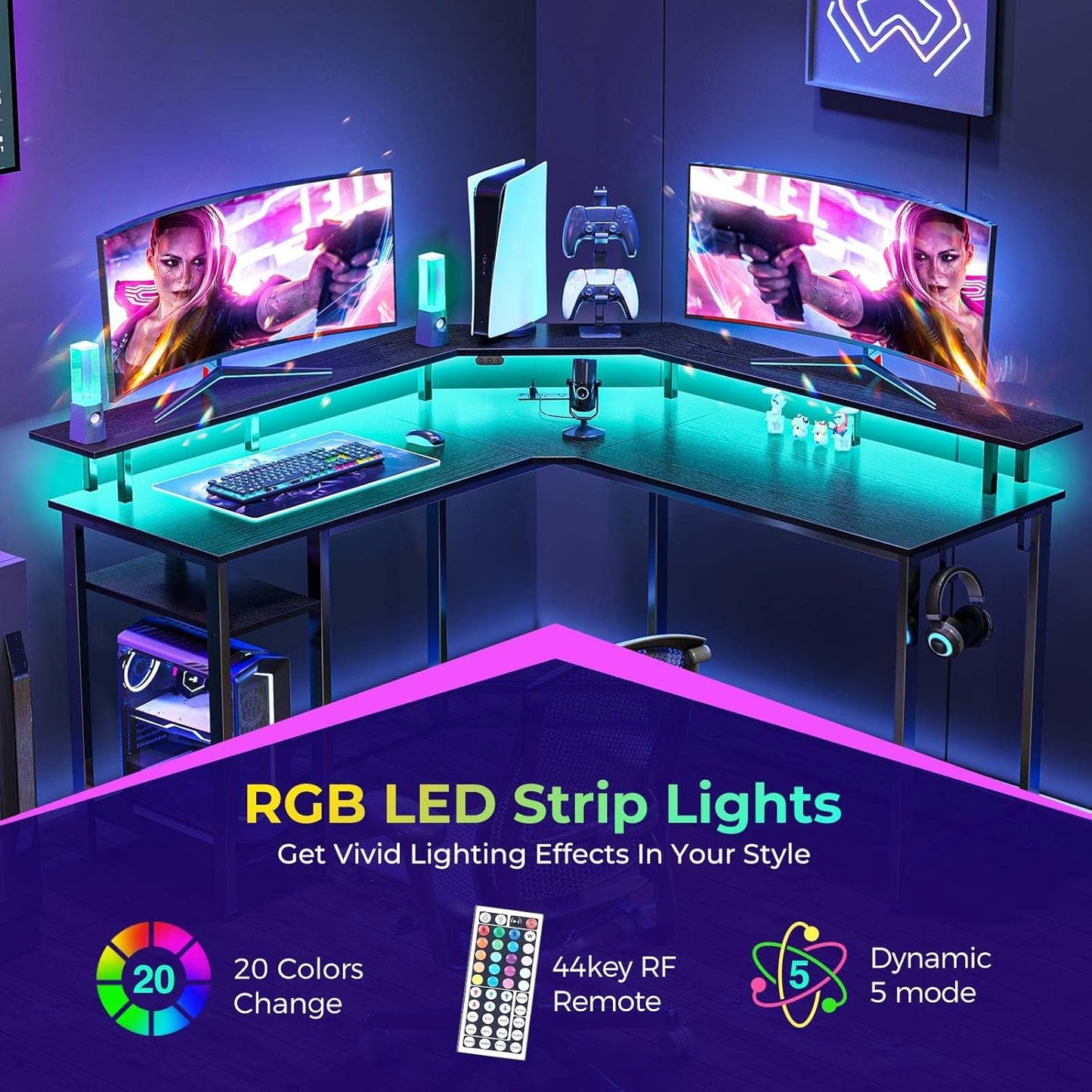 L Shaped Gaming Desk with LED Lights & Power Outlets, 53" Computer Desk with Full Monitor Stand & Storage Shelf, Corner Desk with Hooks, Black Desk Reversible
