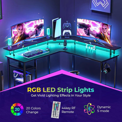 L Shaped Gaming Desk with LED Lights & Power Outlets, 53" Computer Desk with Full Monitor Stand & Storage Shelf, Corner Desk with Hooks, Black Desk Reversible