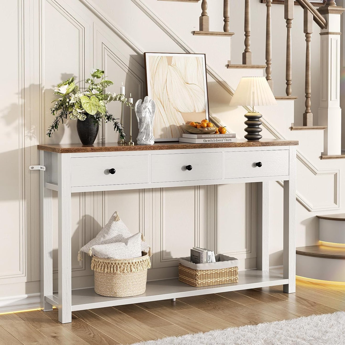 Farmhouse Console Table with 3 Drawers, 47 Inch Wood Sofa Table with Storage Shelf for Living Room, behind Couch, Entryway Table for Hallway, Living Room, or Foyer, Rustic Brown and White