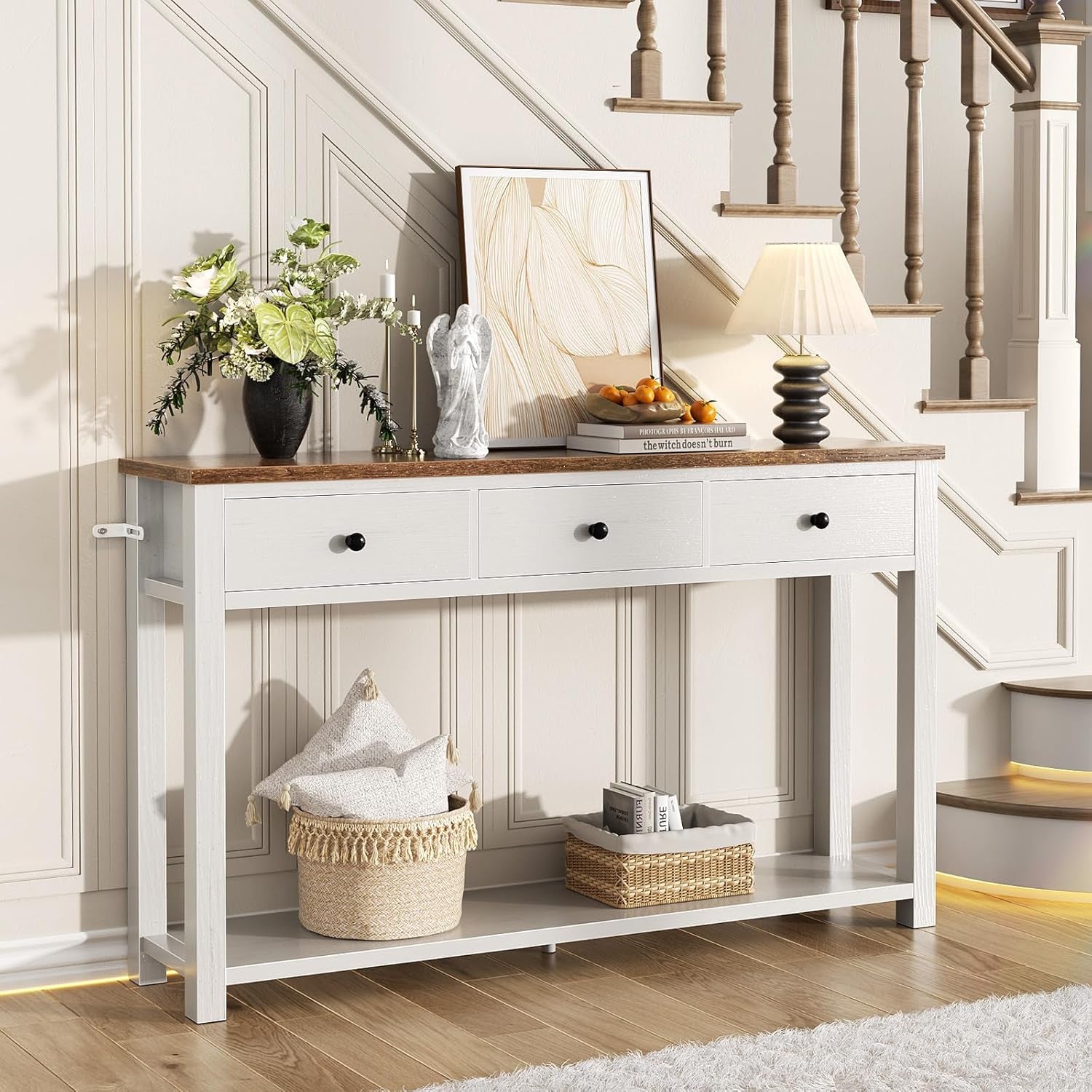 Farmhouse Console Table with 3 Drawers, 47 Inch Wood Sofa Table with Storage Shelf for Living Room, behind Couch, Entryway Table for Hallway, Living Room, or Foyer, Rustic Brown and White