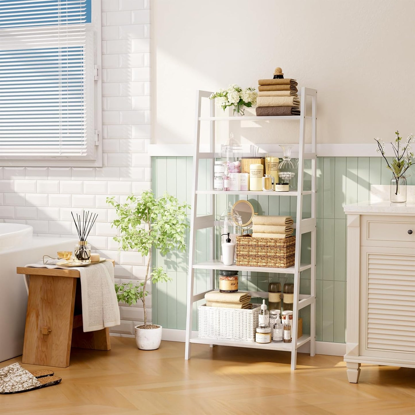 Ladder Shelf, 4 Tier Bookshelf, Floor Standing Bathroom Storage Rack with Bamboo Frame, Home Office Open Display Bookcase, White