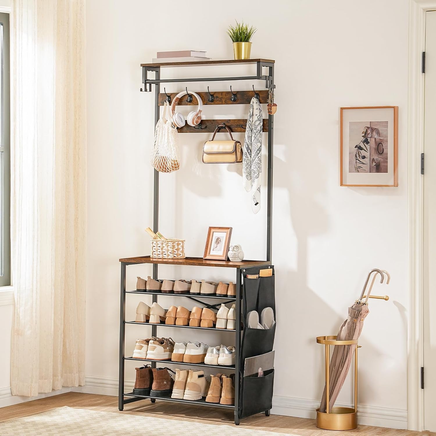 Hall Tree with Bench, Entryway Coat Rack with Shoe Rack, Shoe and Coat Rack, 5 Tier Shoe Storage Organizer with Oxford Fabric Side Pockets, Adjustable Mesh Shelves, Rustic Brown BF75MT01