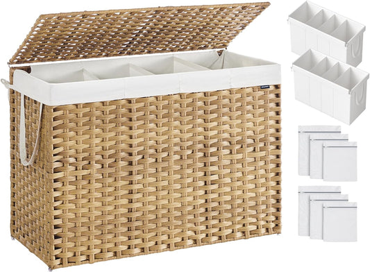 Laundry Hamper with Lid, 200 L Clothes Hamper with 2 Removable Liner Bags, 6 Mesh Bags, Wicker Laundry Basket, Double Laundry Hamper for Bathroom, 15.7 X 33.9 X 24 Inches, Natural ULCB452Y01