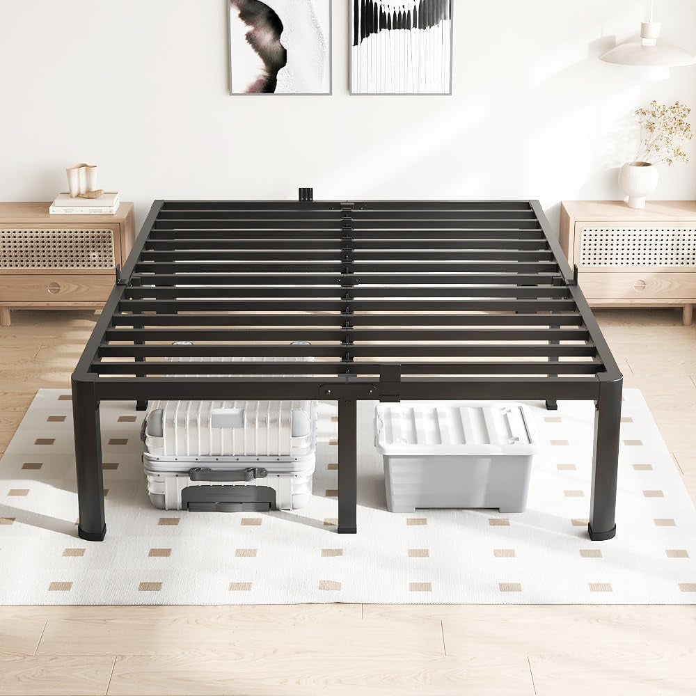 18 Inch Queen Bed Frame, 3500Lbs Heavy Duty Metal Platform with round Corner Legs Mattress Slide Stopper, Steel Slat Support No Box Spring Needed, Noise Free, Non-Slip, Easy Assembly
