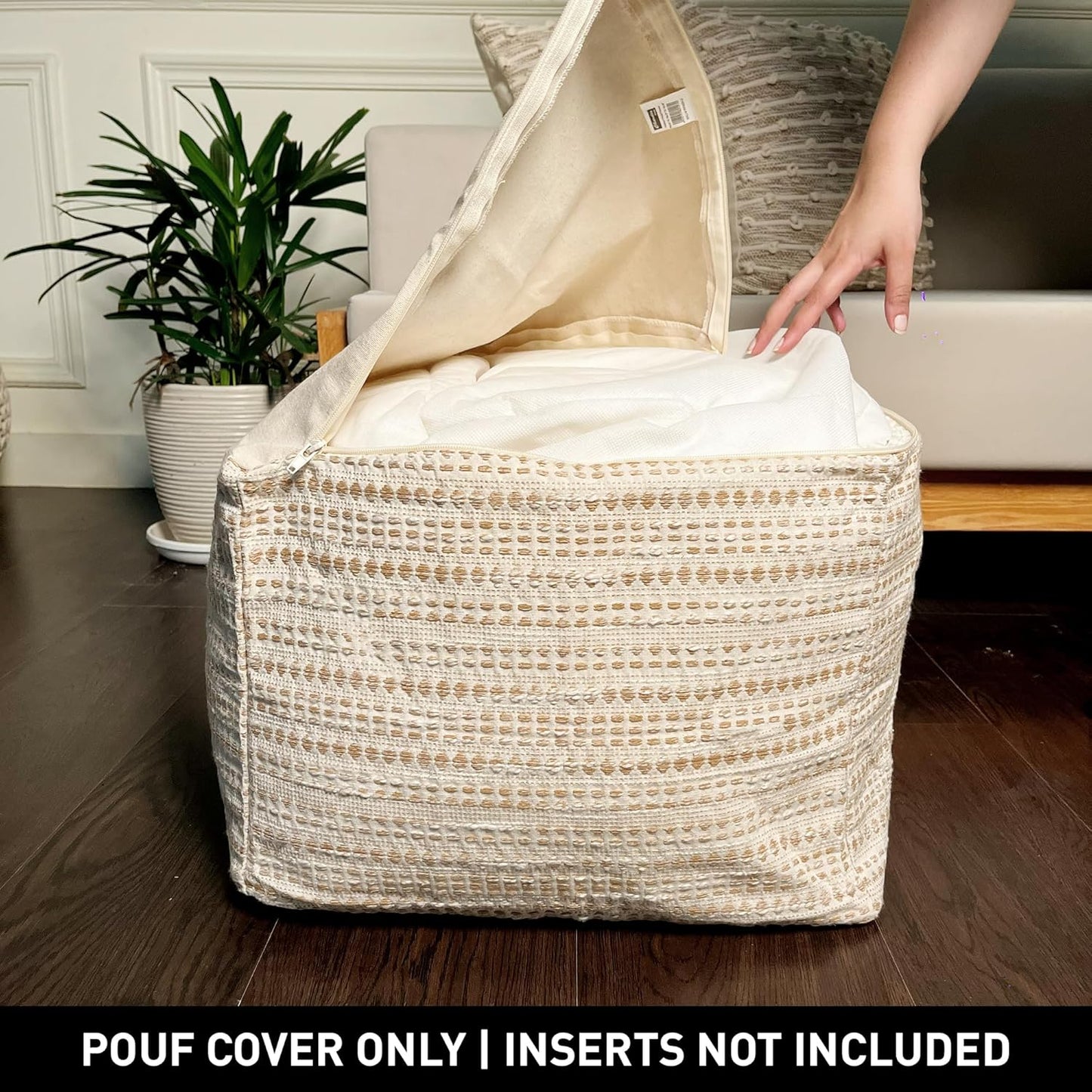 Unstuffed Ottoman, Cozy & Bohemian Pouf Covers, Hand Crafted Casual Seating, Footrest, Square Floor Pillow for Home, Office, Bedroom, Living Room, 16.5" X 16.5"X 12.9", Beige-Off White