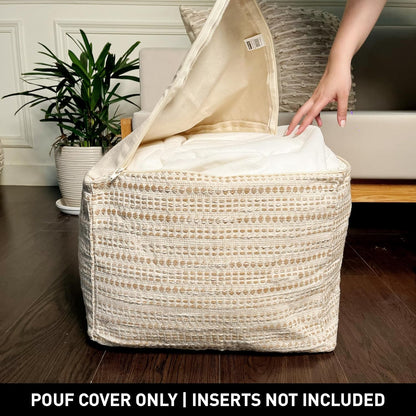 Unstuffed Ottoman, Cozy & Bohemian Pouf Covers, Hand Crafted Casual Seating, Footrest, Square Floor Pillow for Home, Office, Bedroom, Living Room, 16.5" X 16.5"X 12.9", Beige-Off White