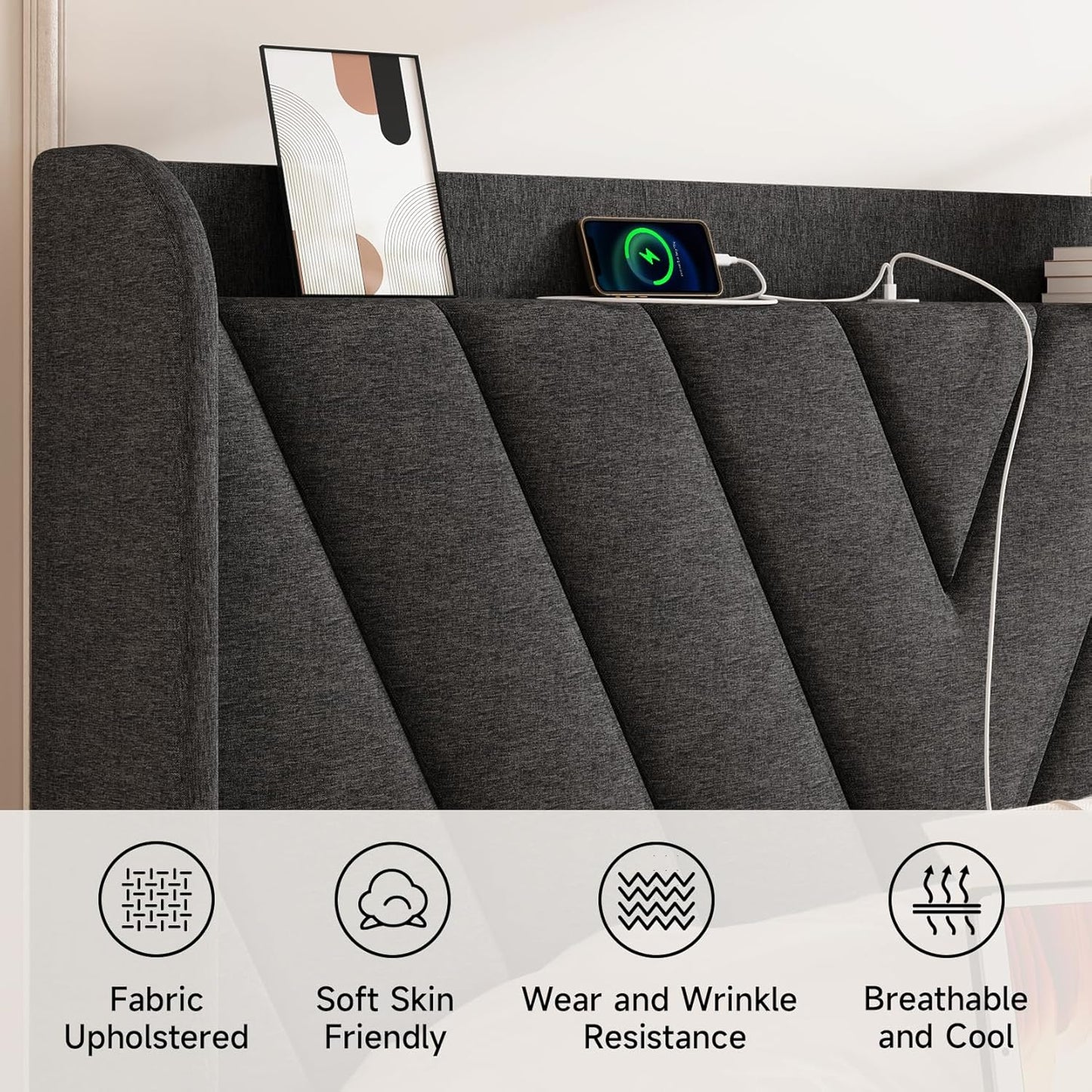 Queen Bed Frame with Headboard, Adjustable Upholstered Platform Bed Frame with Type-C&Usb Ports, Wingback Storage Headboard, Solid Wood Slats Support, No Box Spring Needed, Dark Gray