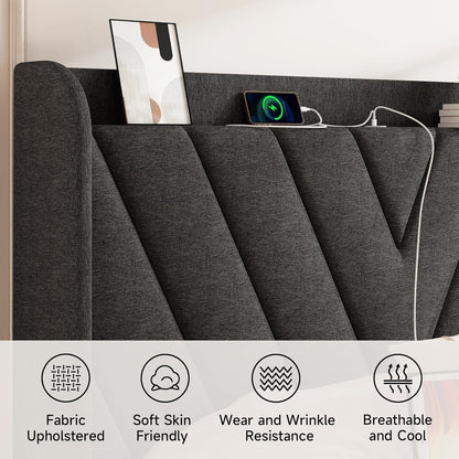 Queen Bed Frame with Headboard, Adjustable Upholstered Platform Bed Frame with Type-C&Usb Ports, Wingback Storage Headboard, Solid Wood Slats Support, No Box Spring Needed, Dark Gray