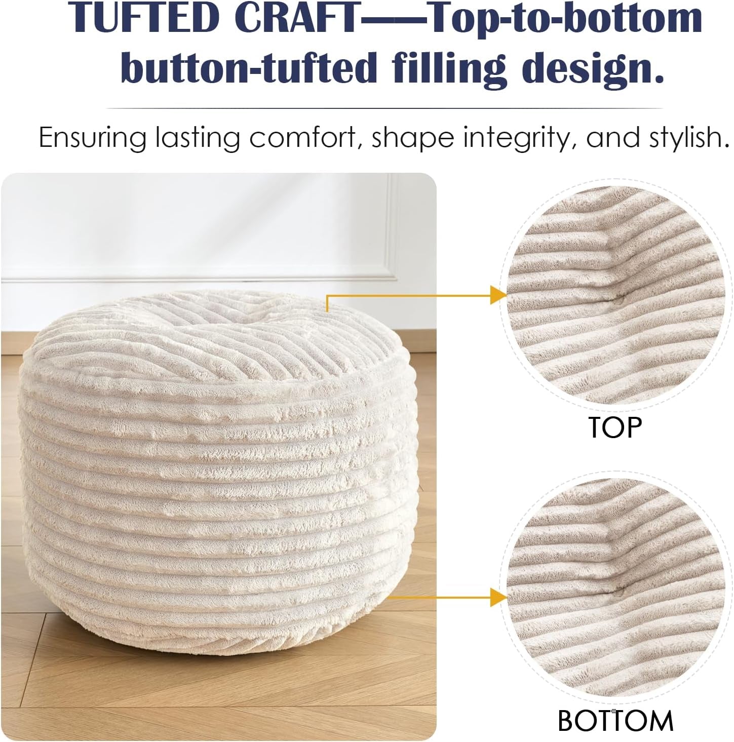 Stuffed round Pouf Ottoman,Corduroy Foot Rest with Shredded Foam Filling, Lightweight and Fluffy Pouf Storage Ottoman for Living Room,Floor Poufs for Couch,20"X 17",Beige
