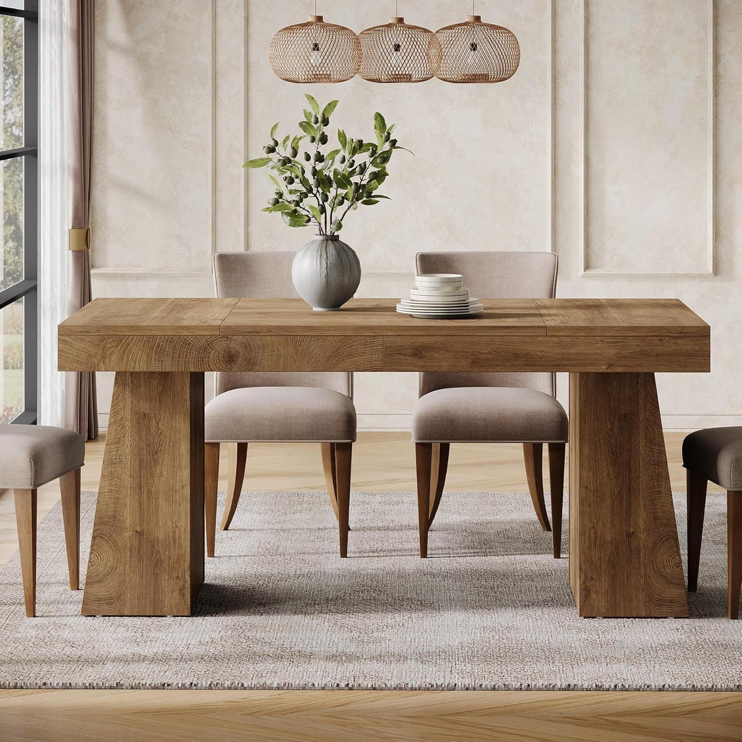 55-Inch Dining Room Table for 4-6, Rectangular Kitchen Dinner Eating Table with Sturdy Legs, Mid-Century Modern Dining Table for Dining Room, Home,Brown