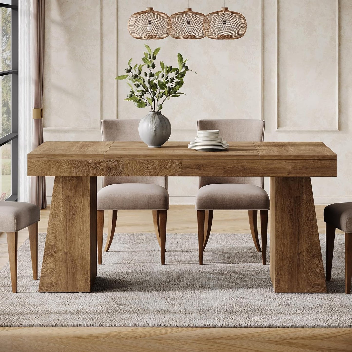 Dining Room Table for 4-6, 55-Inch Mid-Century Modern Dining Table with Double Pedstral, Rectangular Wood Kitchen Dinner Table for Dining Room, Kitchen, Home, White