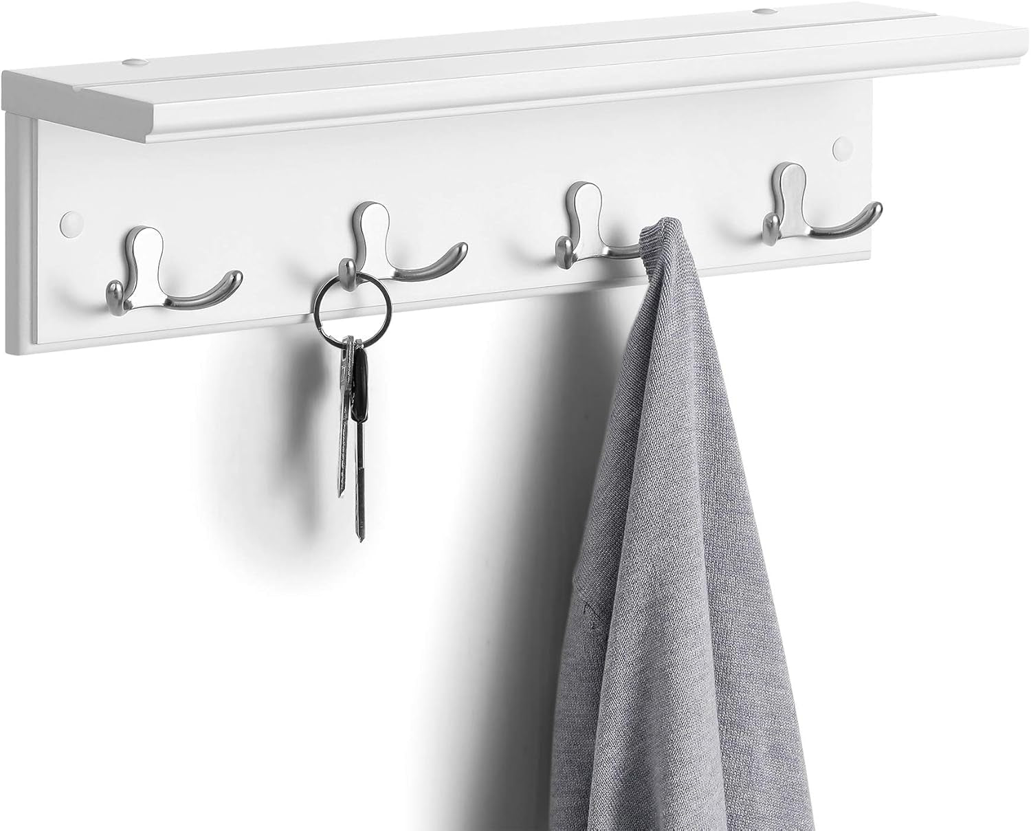 Entryway Hanging Coat Rack, Wall-Mounted Wooden Shelf, with 4 Double Hooks, Wall Floating Shelf, White ULHR42WT