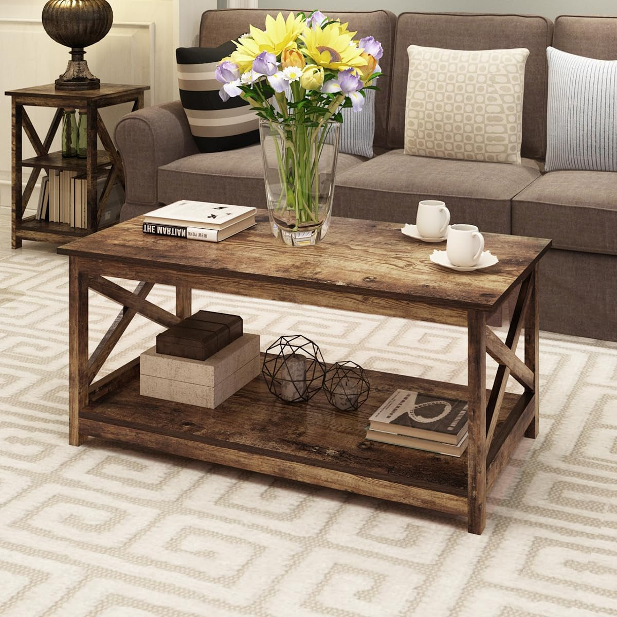 Coffee Table, Modern Farmhouse Wood Coffee Table with 2-Tier Storage, 40 Inch, Rustic