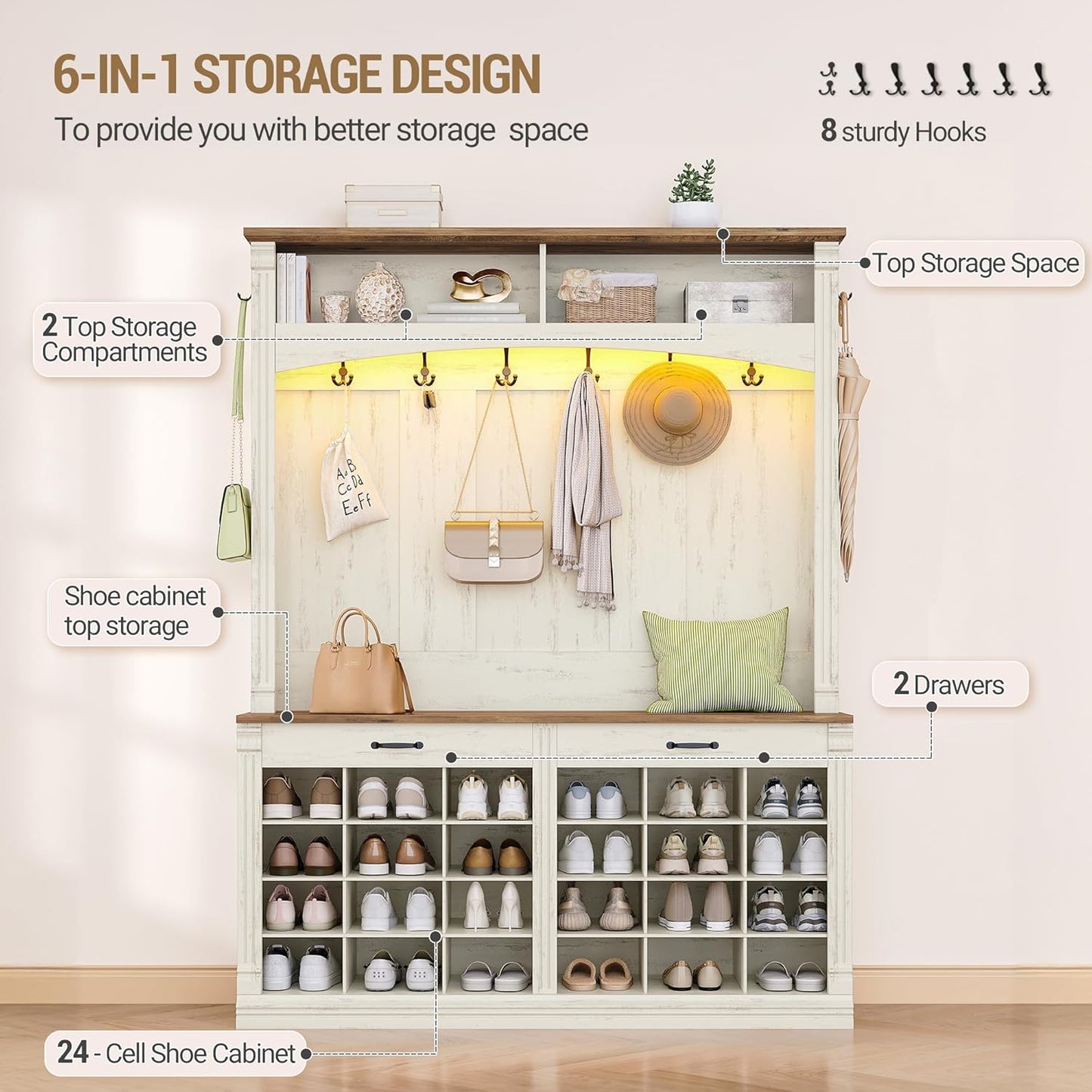 59" Farmhouse Hall Tree with Bench and Shoe Storage, LED Entryway Furniture with 8 Hooks, 24 Shoe Cubbies Hall Tree with Storage, Entryway Storages and Coat Rack Wood, Rustic White