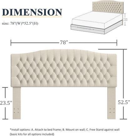 King Headboard Only, Upholstered Headboard King Size for Adjustable Bed Linen Tufted Wall Mounted Head Board with Solid Wood Legs, Ivory