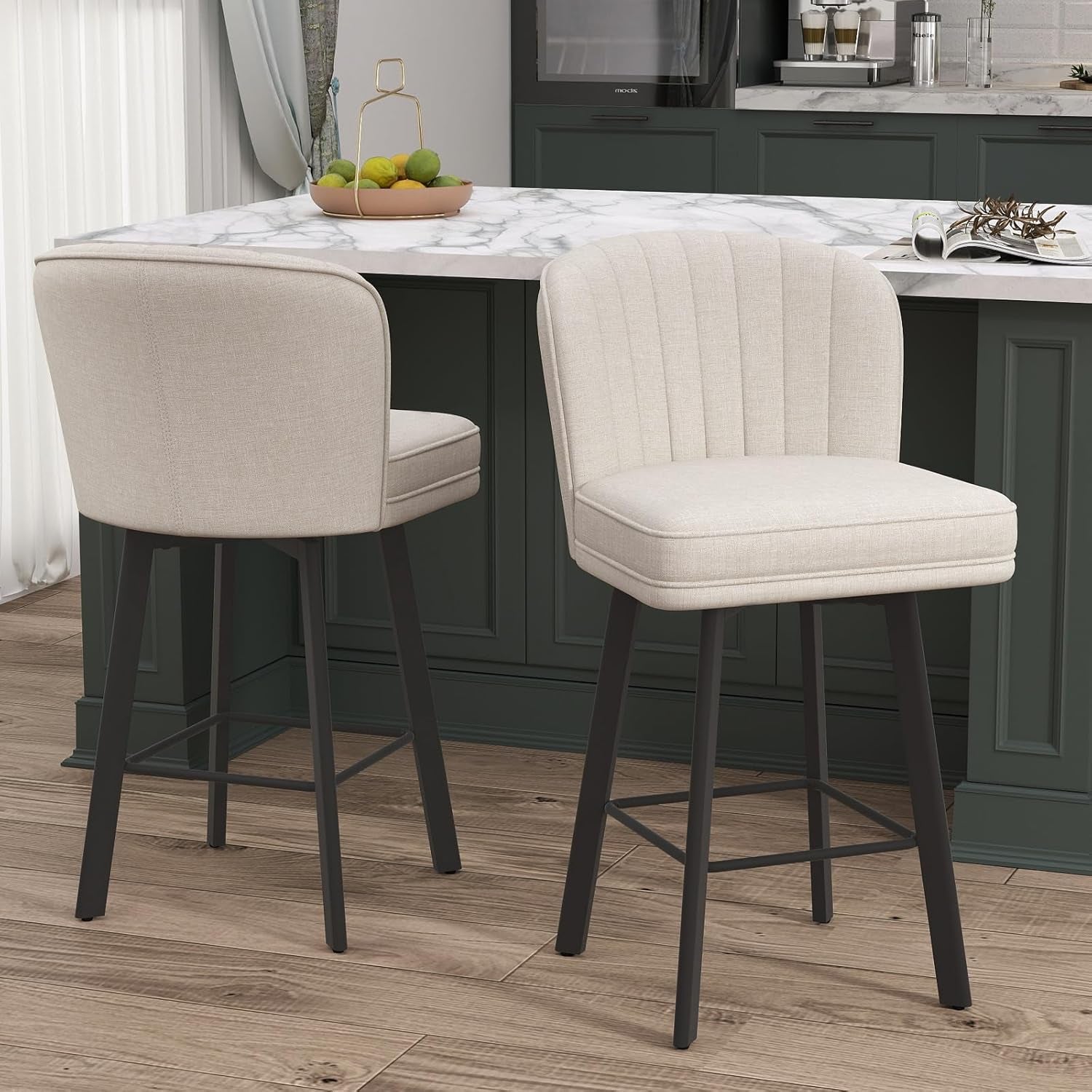 Swivel Counter Height Bar Stools Set of 2, 26'' Modern Barstools with Backs and Metal Legs, Upholstered Bar Chairs, Beige, Fabric Stools for Kitchen Island Chairs
