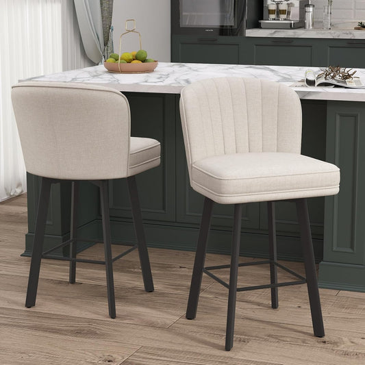 Swivel Counter Height Bar Stools Set of 2, 26'' Modern Barstools with Backs and Metal Legs, Upholstered Bar Chairs, Beige, Fabric Stools for Kitchen Island Chairs