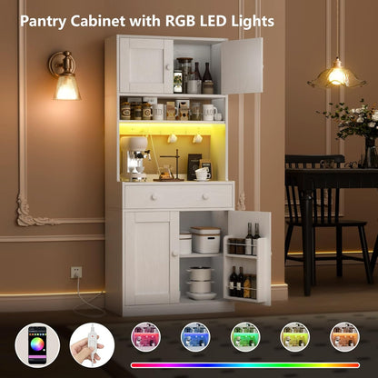 71" Tall Kitchen Pantry Storage Cabinet with Power Outlet & LED Light, Freestanding Food Pantry Cabinet with 4 Doors and Shelves, Cupboard with Drawer, Hutch with Microwave Stand, White