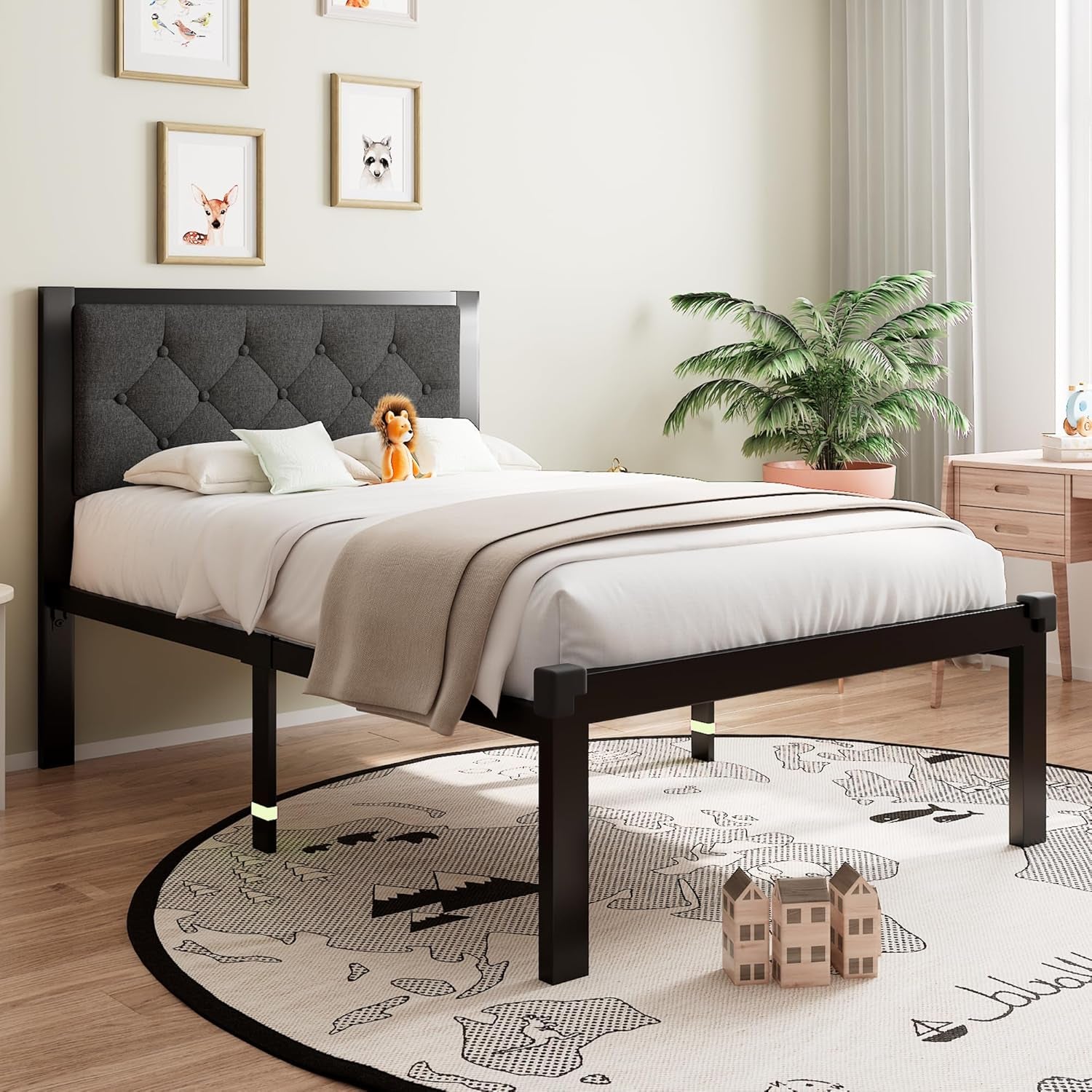 Twin Bed Frame, Platform Metal Bed Frame with Button Tufted Linen Upholstered Headboard, Sturdy Steel Slats, 12" Underbed Storage, No Box Spring Needed, Dark Grey