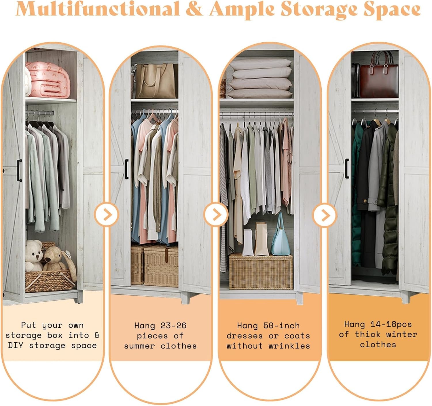 Farmhouse Armoire Wardrobe Closet with 2 Barn Doors, 71'' Storage Cabinet with Hanging Rod & Shelf, Versatile Clothing Storage for Bedroom, Distressed White
