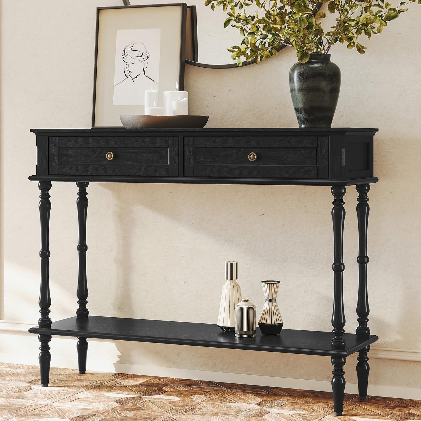 Console Table for Entryway with 2 Drawers-Minimal Assembly,Black Retro Entryway Table with Storage Cabinets and Open Shelf,Narrow Long Couch Table behind Sofa for Living Room,Foyer,Hallway