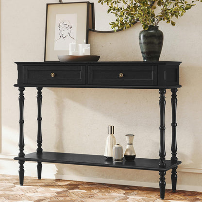 Console Table for Entryway with 2 Drawers-Minimal Assembly,Green Retro Entryway Table with Storage Cabinets and Open Shelf,Narrow Long Couch Table behind Sofa for Living Room,Foyer,Hallway