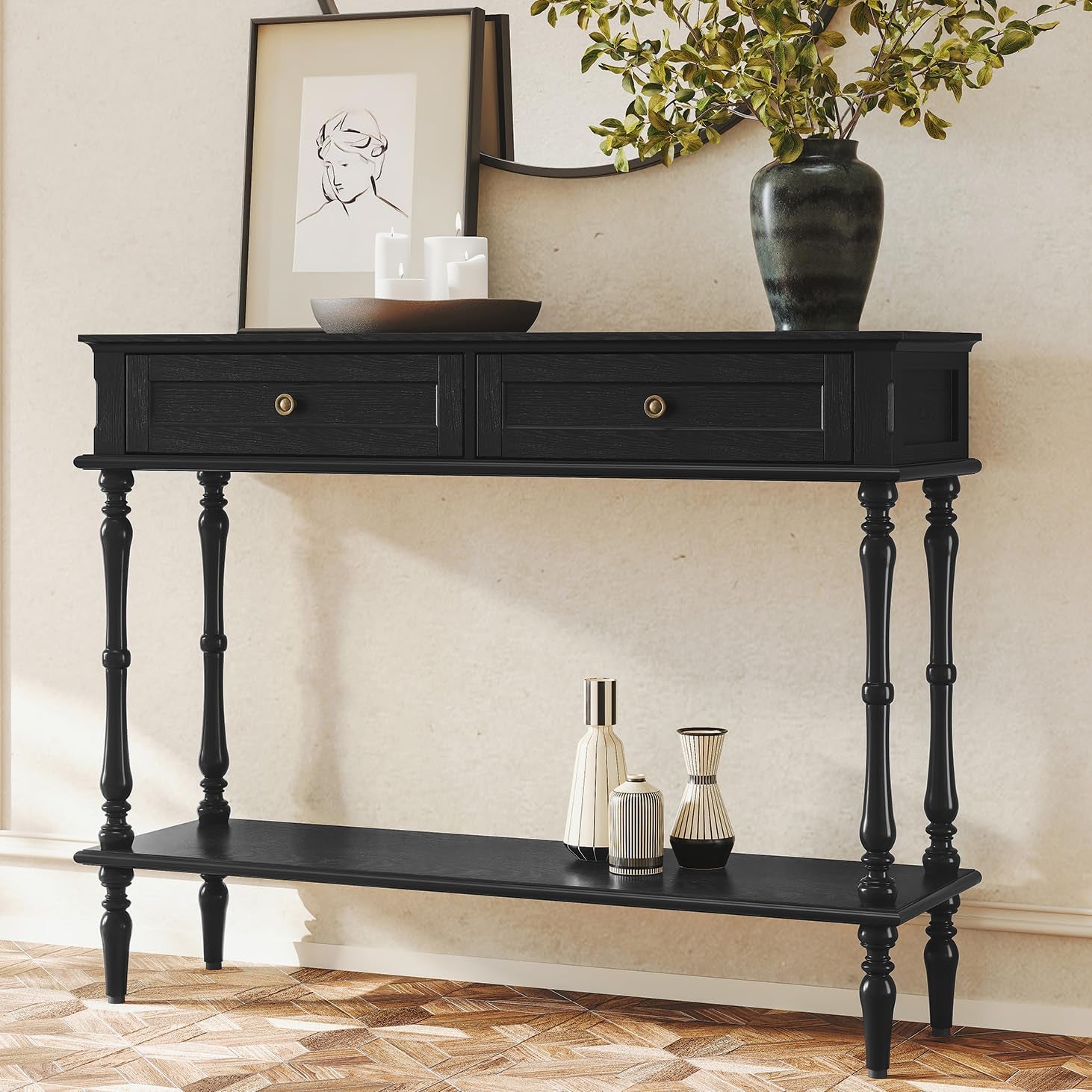 Console Table for Entryway with 2 Drawers-Minimal Assembly,Retro Entryway Tables with Storage Cabinets and Open Shelf,Narrow Long Couch Table behind Sofa for Living Room,Foyer,Hallway,Green